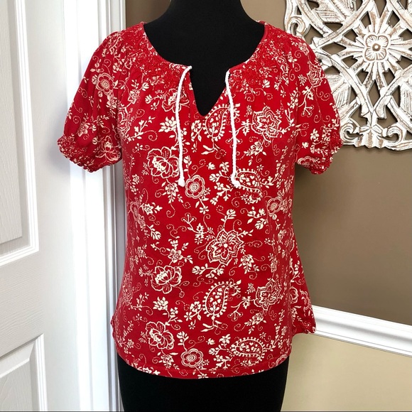 ⭐️ Lauren Jeans by Ralph Lauren Red Blouse White Floral Print with Tie - MEDIUM - Picture 9 of 12